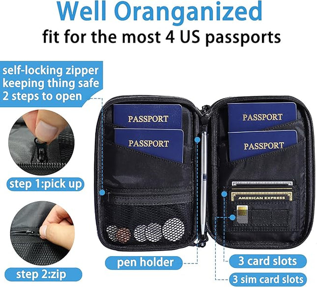 family passport holder for 4 multiple passport bag passport wallet for travel passport cover rfid blocking for women waterproof wallet with zipper passport case for men (solid black)