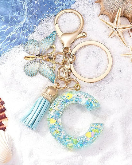 Fashion Alphabet Initial Letter Keychain Tassel Butterfly Pendant Key Ring for Purse Handbags Women Girl