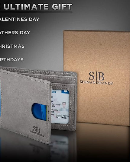 SERMAN BRANDS RFID Blocking Slim Bifold Genuine Leather Thin Minimalist Front Pocket Wallets for Men Billfold Wallet Men Gift