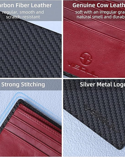 VISOUL Wallet for Men with 2 ID Windows 8 Credit Card Slots 2 Cash Compartments, Carbon Fiber Leather Bifold Mens Wallet with RFID Blocking (Carbon Fiber Black+Burgundy)