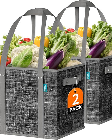 Fab totes Reusable Grocery Bags, Large Foldable Shopping Tote Bags with Reinforced Handles & Hard Bottom,Water Resistant Grocery Bags for kitchen,Picnic,2 Pack, Black