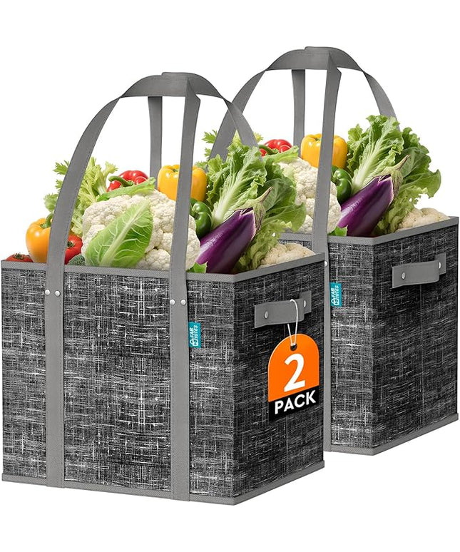 Fab totes Reusable Grocery Bags, Large Foldable Shopping Tote Bags with Reinforced Handles & Hard Bottom,Water Resistant Grocery Bags for kitchen,Picnic,2 Pack, Black