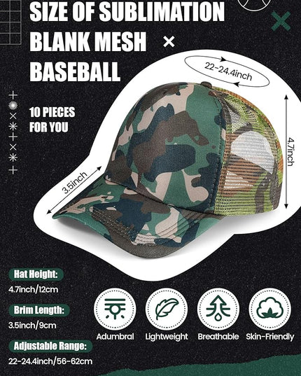 10 Pcs Sublimation Blank Trucker Hats Bulk Mesh Baseball Cap Polyester Mesh Trucker Hat for Men and Women