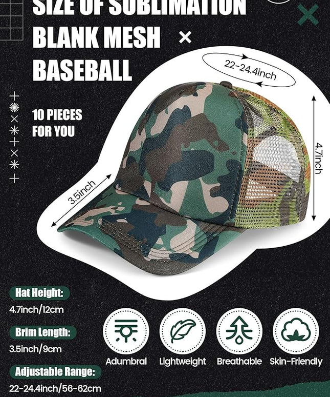 10 Pcs Sublimation Blank Trucker Hats Bulk Mesh Baseball Cap Polyester Mesh Trucker Hat for Men and Women
