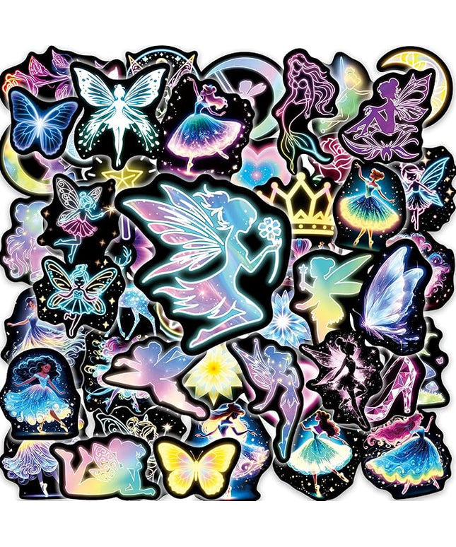 Neon Princess Water Bottle Stickers for Kids，50 Pcs Fairy Waterproof Vinyl Laptop Decals, Teens Girls Boys Adults Phone Case Skateboard Luggage Decor