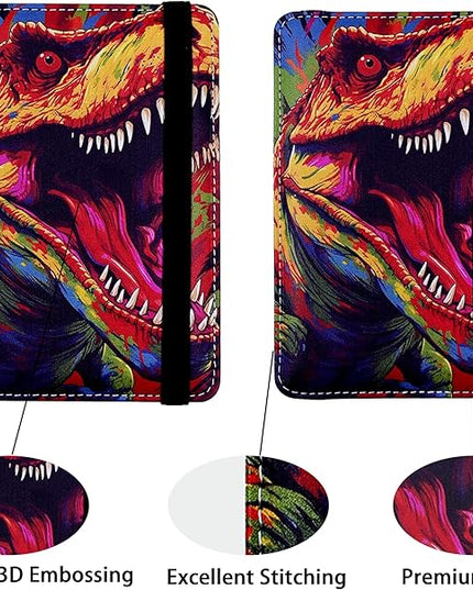 Passport Holder for Women and Men PU Leather Passport Cover for Travel (Colorful Dinosaur)