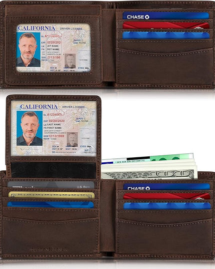 SERMAN BRANDS 2 ID Window Wallet for Men RFID Blocking Leather, Bifold Top Flip, Extra Capacity Travel Wallet