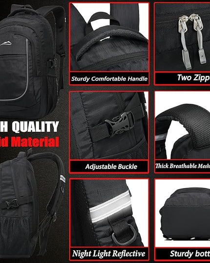 ProEtrade Backpack Bookbag for College Sturdy Travel Business Hiking Fit Laptop Up to 15.6 Inch Multi Compartment Gifts for Men Women Night Light Reflective (Black)