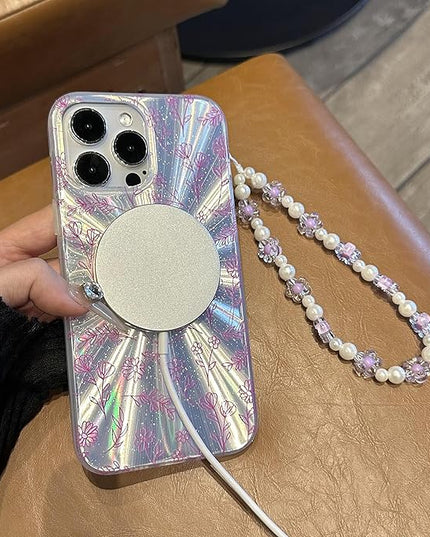 Compatible with iPhone 15 Pro Cases,Cute Flower Phone case with Floral Pearl Chain,Compatible MagSafe Silicone Shockproof Phone case for Women and Teenage Girls.