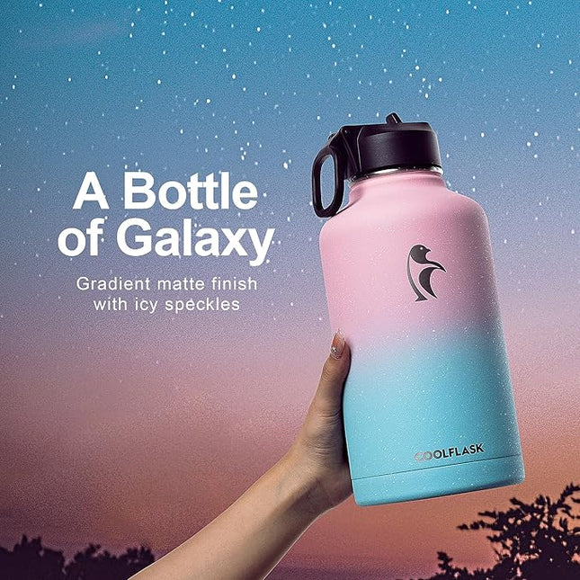 64 oz Water Bottle Insulated with Straw&3 Lids, Coolflask Half Gallon Water Jug Galaxy Large Metal Stainless Steel Vacuum flask for Gym, Sports and Travel, Keep Cold 48H Hot 24H, Blooming Cherry