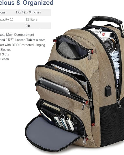 Boavan Laptop Backpack for men, 15.6 inch Laptop Bag with USB Port, Waterproof Travel Work Backpack Purse, Anti-Theft Teacher Nurse Doctor Casual Bookbags Office Business backpack，Khaki