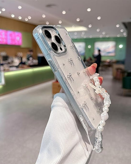 for iPhone 15 Case, [Premium 3D Silver Bow Pattern] [Transparent Creative Case] [2-in-1 Beaded Wrist Strap] Soft TPU Shockproof for Women and Girl