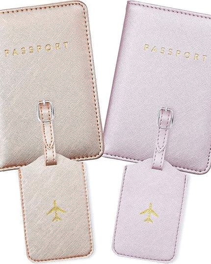 Weewooday 2 Set Mr and Mrs Passport Covers Holder and Luggage Tags Cute Leather Wallets Holder Travel Luggage Tags for Women Men Gift(Purple, Pink)