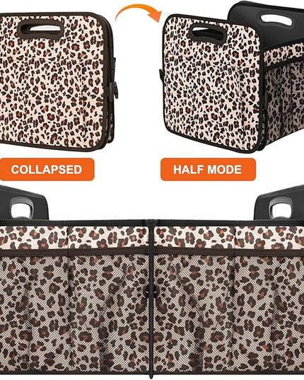 Trunk Organizer, Collapsible Trunk Organizers and Storage, Car Accessories for Women and Men, Multi-Compartment Trunk Storage Organizer for SUV, Car, Mini-Van, Leopard Print