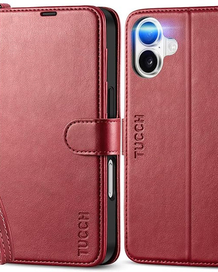 TUCCH Wallet Case for iPhone 16 with [Wrist Strap], Magnetic Closure RFID Blocking 4 Card Slot, Stand Shockproof TPU Shell PU Leather Folio Compatible with iPhone 16 2024, Dark Red with Wristlet