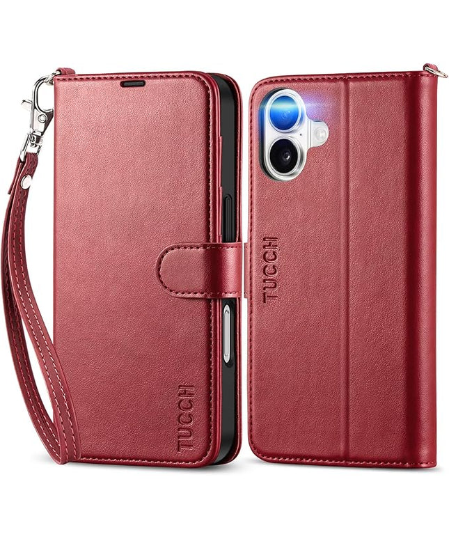 TUCCH Wallet Case for iPhone 16 with [Wrist Strap], Magnetic Closure RFID Blocking 4 Card Slot, Stand Shockproof TPU Shell PU Leather Folio Compatible with iPhone 16 2024, Dark Red with Wristlet
