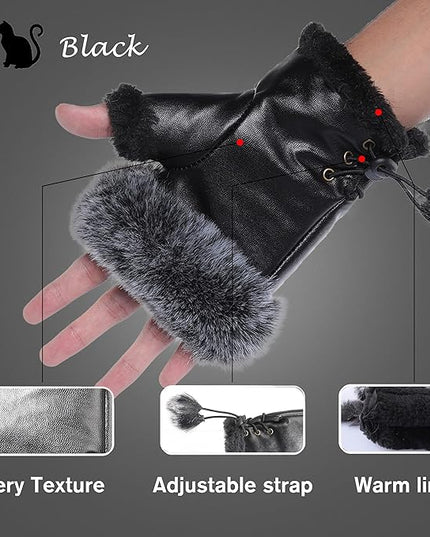 Cute Winter Gloves - Fuzzy Furry Faux Fur Lined, Warm Hands Warmer for Women
