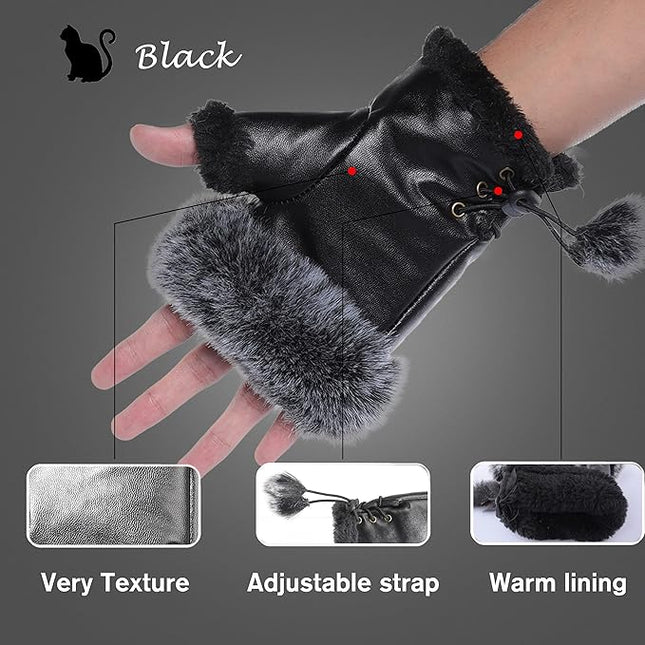 Cute Winter Gloves - Fuzzy Furry Faux Fur Lined, Warm Hands Warmer for Women