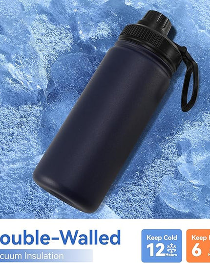 DOMICARE 16 oz Kids Water Bottle for School Stainless Steel Double Wall Vacuum Insulated Water Bottle with Straw lids & Spout Lid, Leakproof BPA Free (Navy,8)