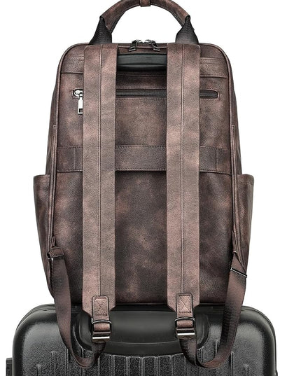 MASINTOR Leather Laptop Backpack for Women, Stylish Computer Backpack College Business Work Shoulder Bags Work and Travel Retro Coffee
