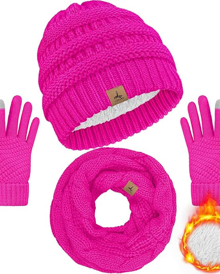 Winter Beanie Hat Scarf Gloves, Warm Fleece Knit Hats Touch Screen Gloves Neck Scarf Set Winter Gifts for Unisex Adult