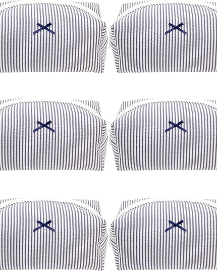 PAZIMIIK 6PCS Cozy Makeup Bag Small Aesthetic Travel Zipper Cosmetic Pouch for Women Make Up Beauty Accessories Brushes, Stripe Navy Blue