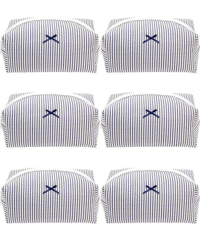 PAZIMIIK 6PCS Cozy Makeup Bag Small Aesthetic Travel Zipper Cosmetic Pouch for Women Make Up Beauty Accessories Brushes, Stripe Navy Blue