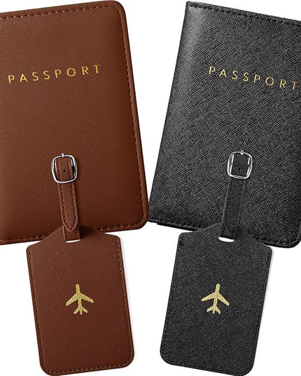 Weewooday 2 Pieces Passport Covers and 2 Pieces Luggage Tags, Passport Holder Travel Suitcase Tag (Brown, Black)