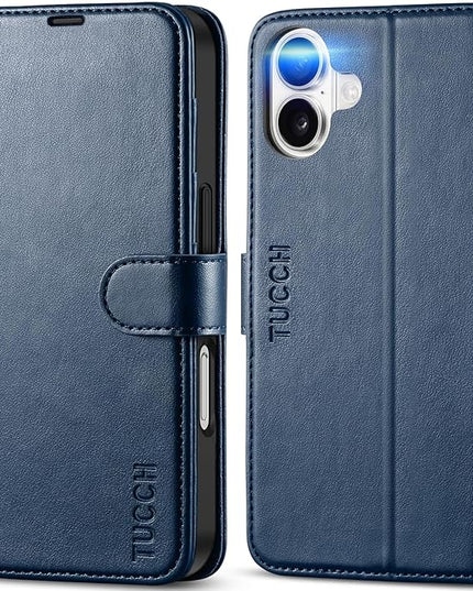 TUCCH Wallet Case for iPhone 16, [TPU Shockproof Inner Shell], Kickstand PU Leather [RFID Blocking] 4 Card Holder Magnetic Stand Protective Cover Compatible with iPhone 16 5G, Dark Blue