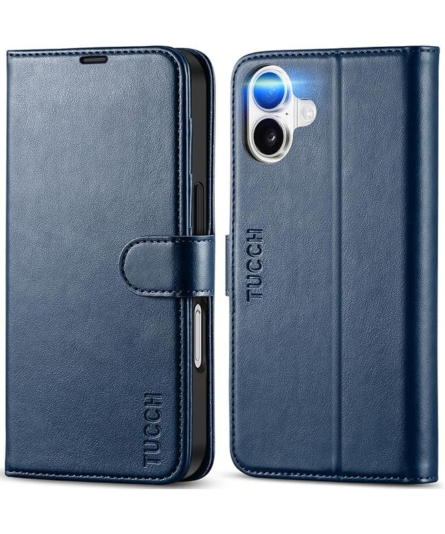 TUCCH Wallet Case for iPhone 16, [TPU Shockproof Inner Shell], Kickstand PU Leather [RFID Blocking] 4 Card Holder Magnetic Stand Protective Cover Compatible with iPhone 16 5G, Dark Blue