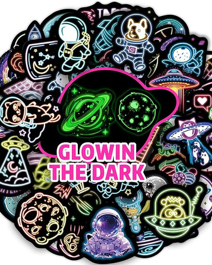 75 Pcs Neon Space Planets Stickers for Kids Glow in The Dark, Vinyl Astronaut Sticker for Water Bottle, Waterproof Laptop Decals for Teens Girls Boys Adults