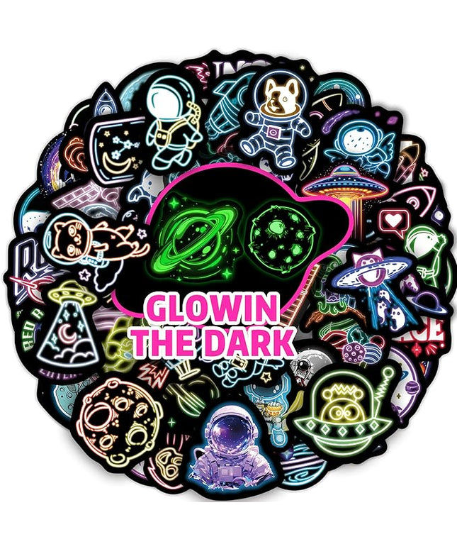 75 Pcs Neon Space Planets Stickers for Kids Glow in The Dark, Vinyl Astronaut Sticker for Water Bottle, Waterproof Laptop Decals for Teens Girls Boys Adults