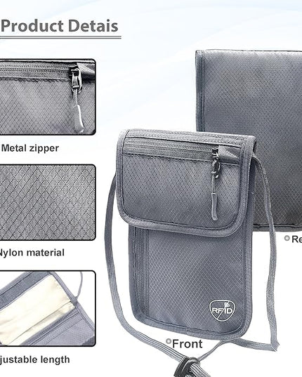 SUPACOOL Neck Wallet, RFID Blocking Passport Holder, Travel Pouch, Hidden Neck Pouch for Travel(Grey)
