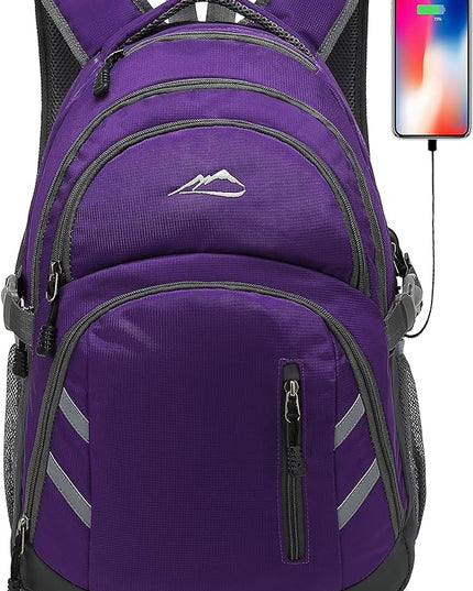 ProEtrade Backpack Bookbag for College Laptop Travel, Fit Laptop Up to 15.6 inch with USB Charging Port Multi Compartment Anti theft, Gift for Women Men (Purple)