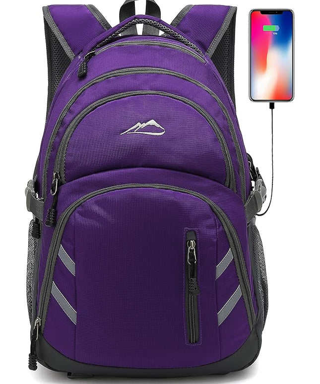 ProEtrade Backpack Bookbag for College Laptop Travel, Fit Laptop Up to 15.6 inch with USB Charging Port Multi Compartment Anti theft, Gift for Women Men (Purple)
