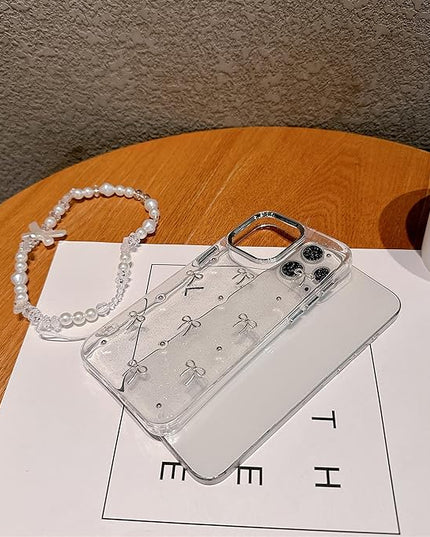 for iPhone 16 Pro Max Case, [Premium 3D Silver Bow Pattern] [Transparent Creative Case] [2-in-1 Beaded Wrist Strap] Soft TPU Shockproof for Women and Girl