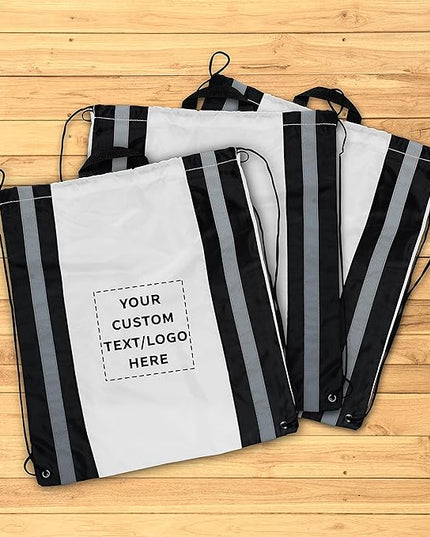 DISCOUNT PROMOS Custom Classic Polyester Drawstring Backpack Set of 10/50/100, Personalized Bulk Pack - Great for Travelling, Gym and for Everyday Use - White