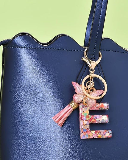 Fashion Alphabet Initial Letter Keychain Tassel Butterfly Pendant Key Ring for Purse Handbags Women Girl