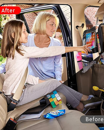 Helteko Backseat Car Organizer, Kick Mats Back Seat Protector with Touch Screen Tablet Holder, Back Seat Organizer for Kids, Travel Accessories with 9 Storage Pockets 2 Pack, Black