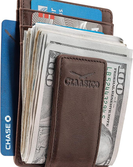 Money Clip Leather Wallet For Men Slim Front Pocket RFID Blocking with Super Strong Magnetic