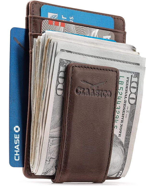 Money Clip Leather Wallet For Men Slim Front Pocket RFID Blocking with Super Strong Magnetic