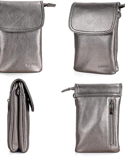befen Genuine Leather Small Crossbody Bags for Women Cell Phone Bag Cross Body Purses,Silver Zipper