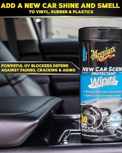 Meguiar's New Car Scent Protectant Wipes - Easy to Use Car Wipes that Protect and Freshen Your Car's Interior - Ideal for Car Detailing & Maintenance - 30 Ct