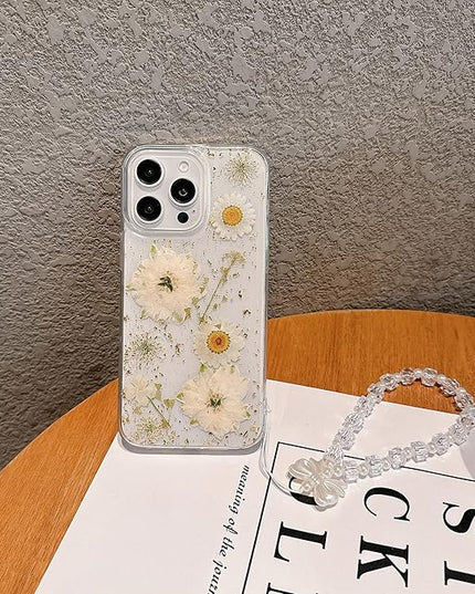 for iPhone 14 Case, [Real Daisy White Flower & Gold Foil][with Luxury Bracelet Wrist Strap] Floral Design, Clear Soft TPU for Women and Girls