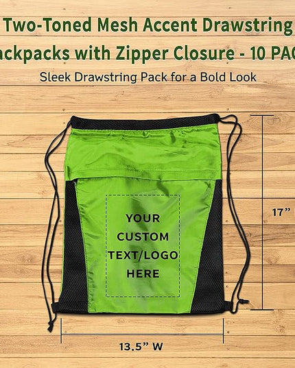 DISCOUNT PROMOS 10 Mesh Accent Drawstring Backpacks Set - Customizable Text, Logo - Two Tone, Front Pocket, Side Mesh - Lime Green