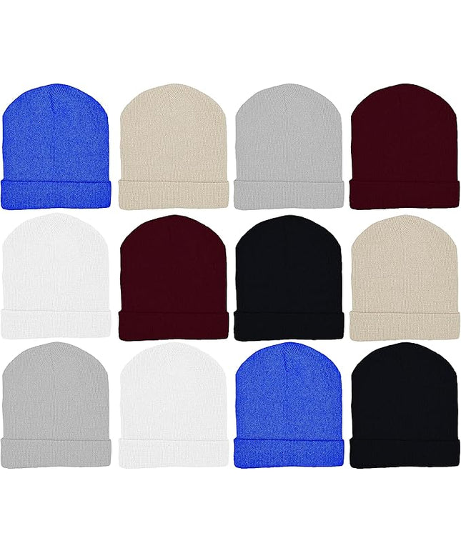 12 Pack Winter Beanie Hats for Men Women, Warm Cozy Knitted Cuffed Skull Cap, Wholesale