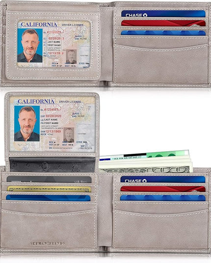 SERMAN BRANDS 2 ID Window Wallet for Men RFID Blocking Leather, Bifold Top Flip, Extra Capacity Travel Wallet