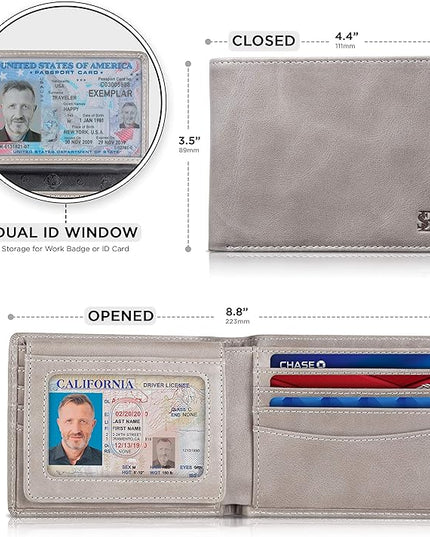 SERMAN BRANDS 2 ID Window Wallet for Men RFID Blocking Leather, Bifold Top Flip, Extra Capacity Travel Wallet