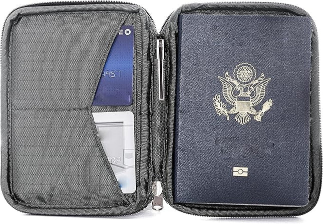 Zero Grid Passport Holder & Travel Wallet with RFID Blocking, Premium Document Organizer for Men & Women, Holds Passports, Cards, Tickets, ID & Cash, Compact Zippered Wallet - Shadow Grey