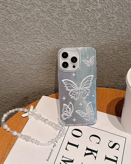 for iPhone 14 Case, [Glitter Butterfly Pattern Print][Stylish Design with Bracelet Wrist Strap] PC+TPU Shockproof and Anti-Drop Case for Women and Girls